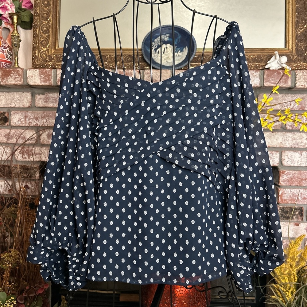 Express Sweetheart Pleated Neckline Balloon Puff Sleeves Polka Dot Blouse Sz XL